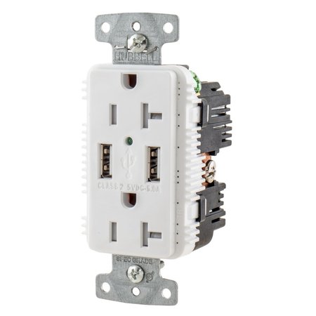 BRYANT USB Charger Duplex Receptacle, 20A 125V, 2-Pole 3-Wire Grounding, 5-20R, 2) 5A USB Ports, White USBB20A5W